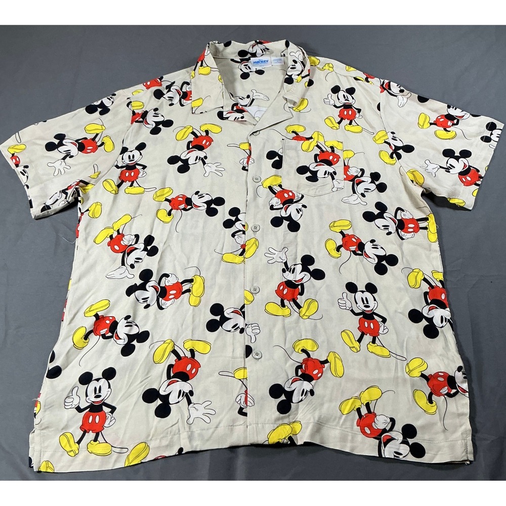 Disney Mickey Mouse Mad Engine Khaki Button Down Shirt Mens Large DSSCLKXMSBRA